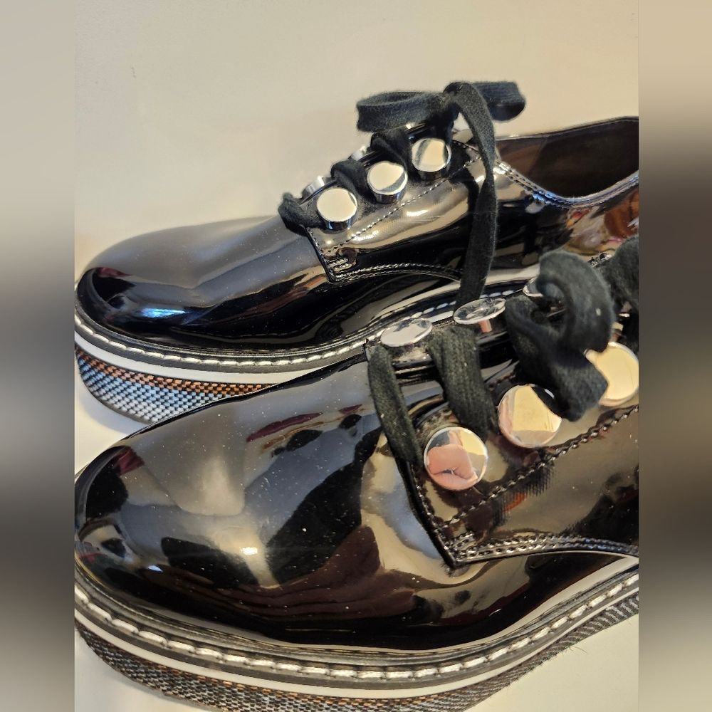ZARA Black Patent Multi-Stripe Thick Platform Oxford Shoes sz.8/38 - Picture 3 of 9
